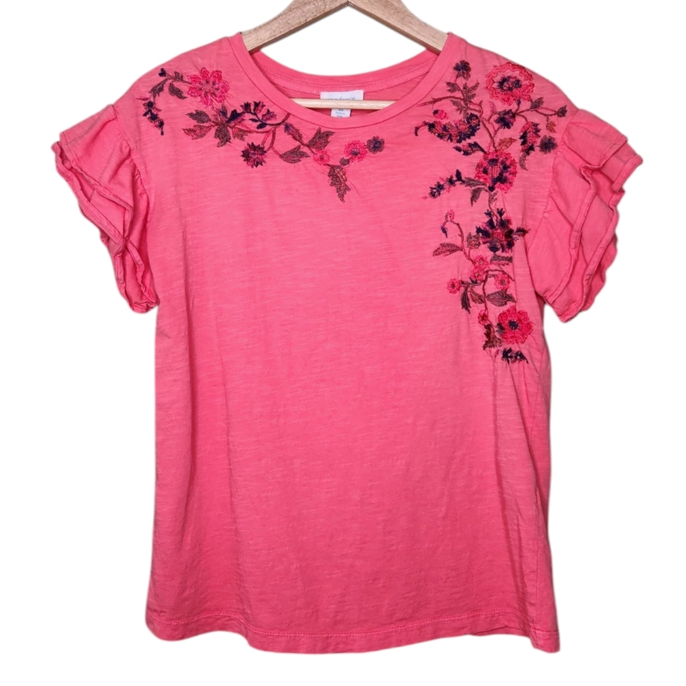 Sundance Floral Embroidered Tiered Ruffle Sleeves Shirt Coral XS Springtime